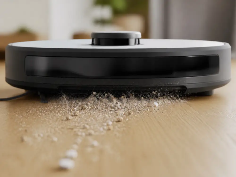 AI-generated close-up: Robot vacuum cleaner removes dust and crumbs