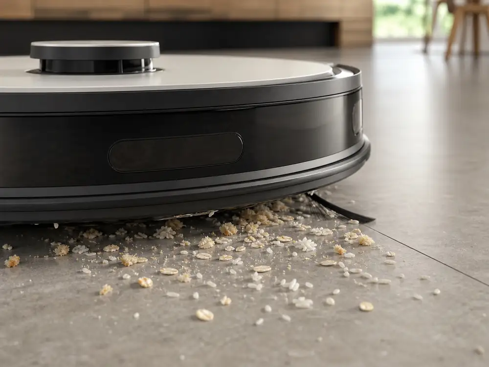 AI-generated close-up: Robot vacuum cleaner removes rice and grains