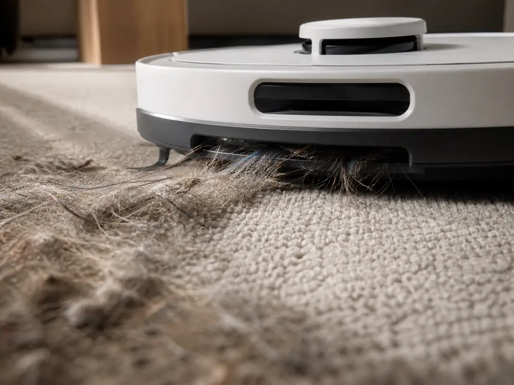 AI-generated close-up: Robot vacuum cleaner removes pet hair and fluff