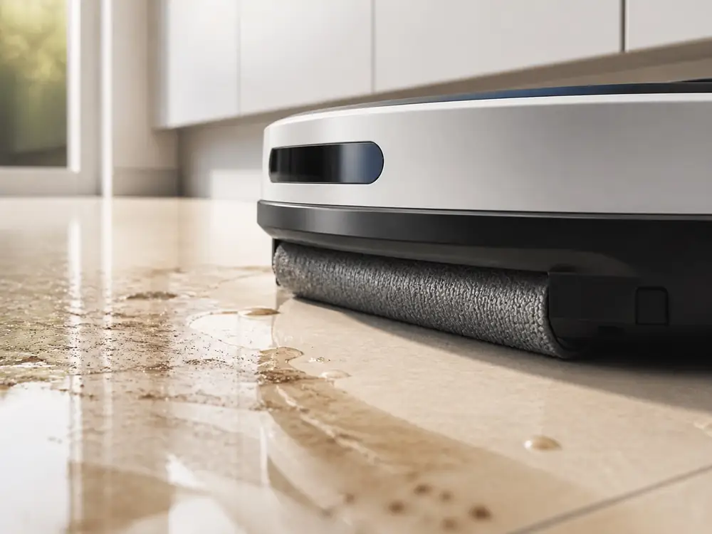 AI-generated close-up: Robot vacuum cleaner removes splashes and stains