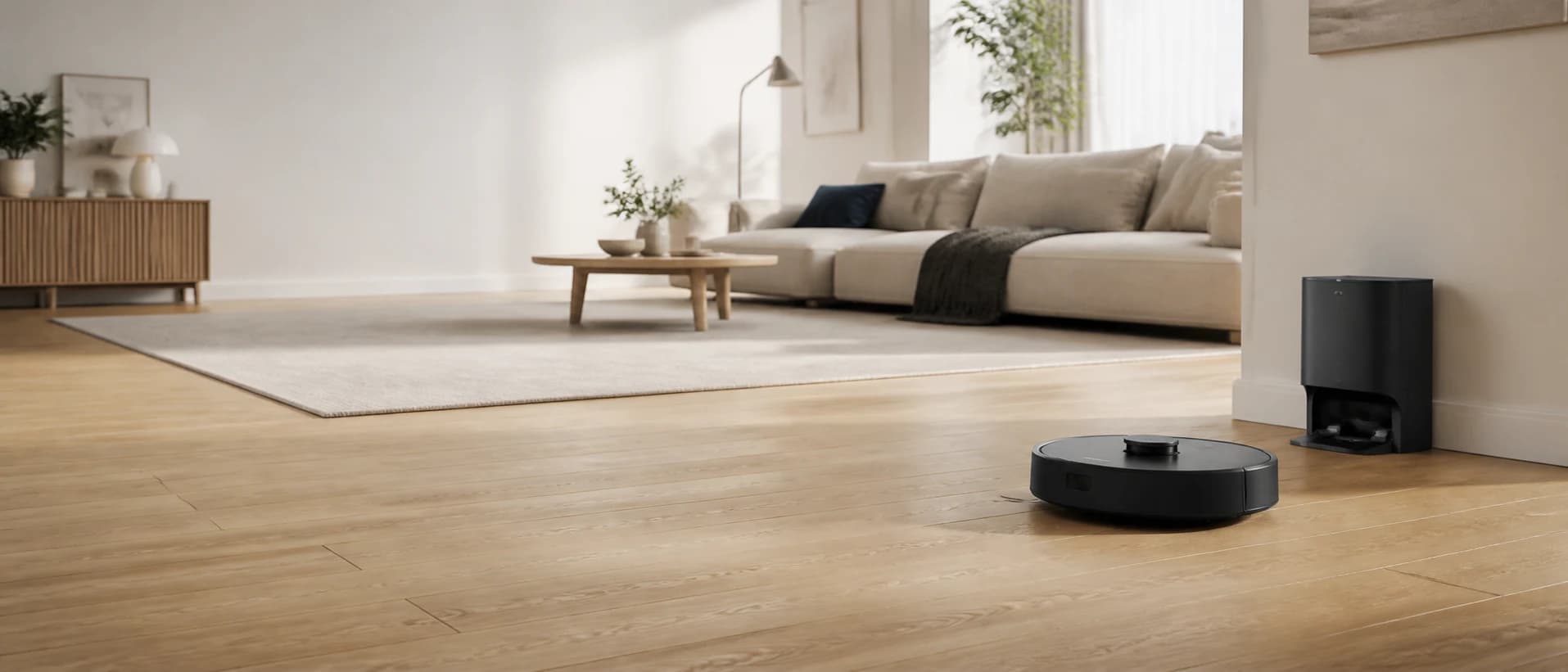 AI-generated robot vacuum on light wooden floor in a living room