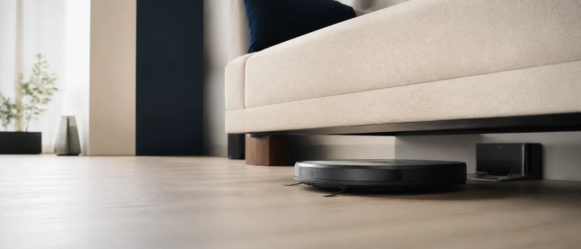 AI-generated flat robot vacuum under a low sofa