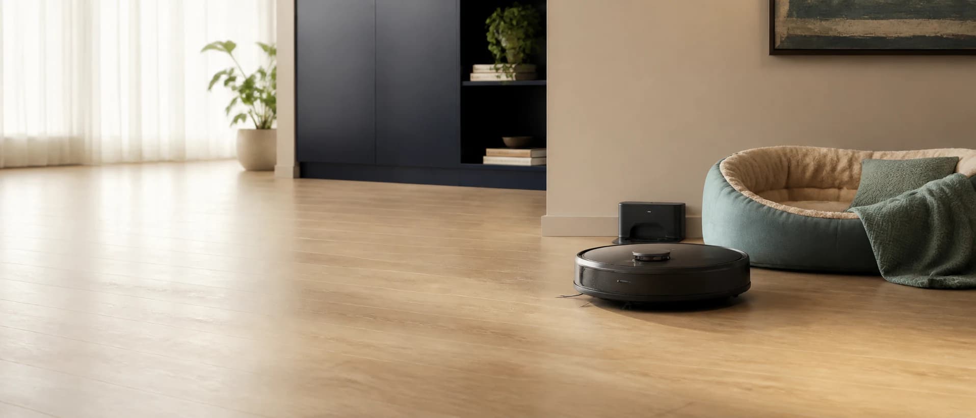 AI-generated robot vacuum next to a pet bed in a modern living space
