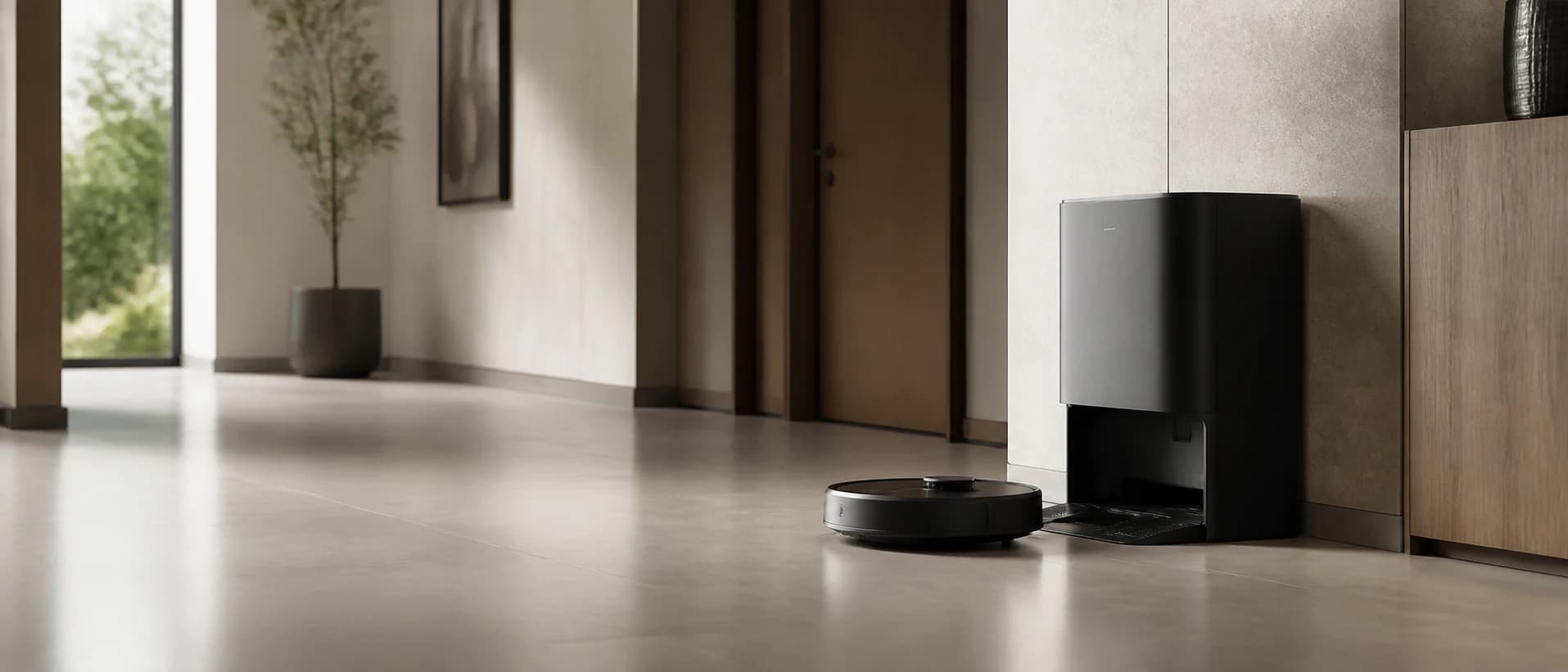 AI-generated robot vacuum in front of an unmarked all-in-one dock in a modern hallway