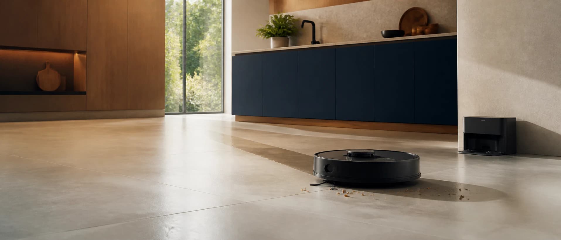 AI-generated vacuum mop robot cleaning a modern kitchen floor