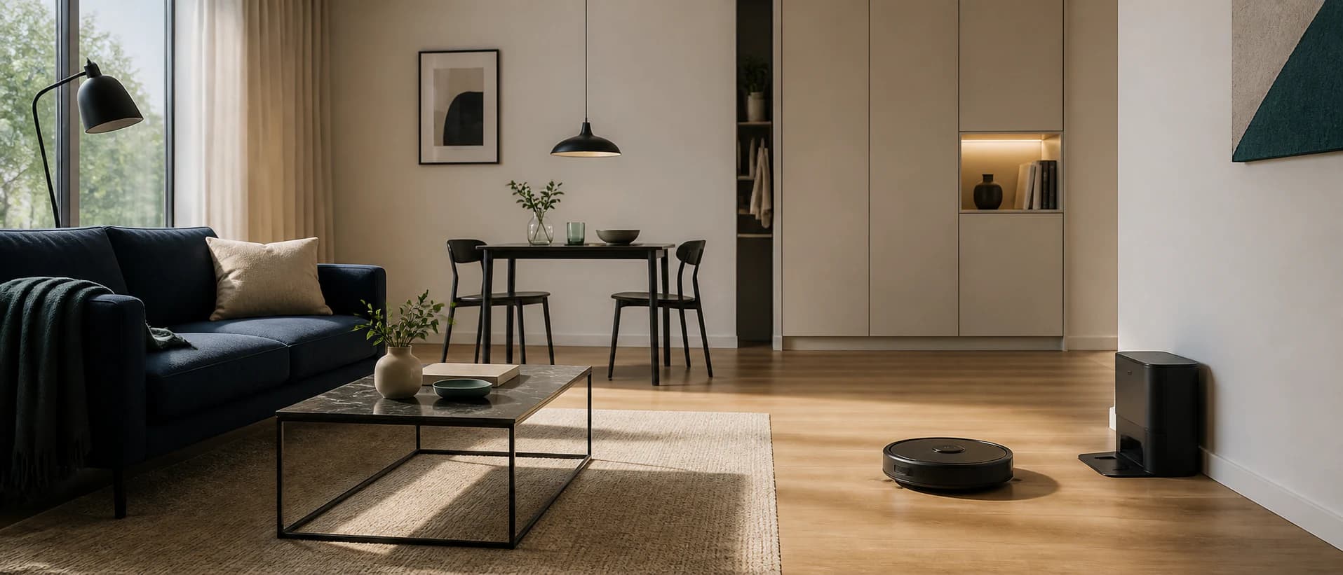 AI-generated robot vacuum cleaner in a compact modern city apartment