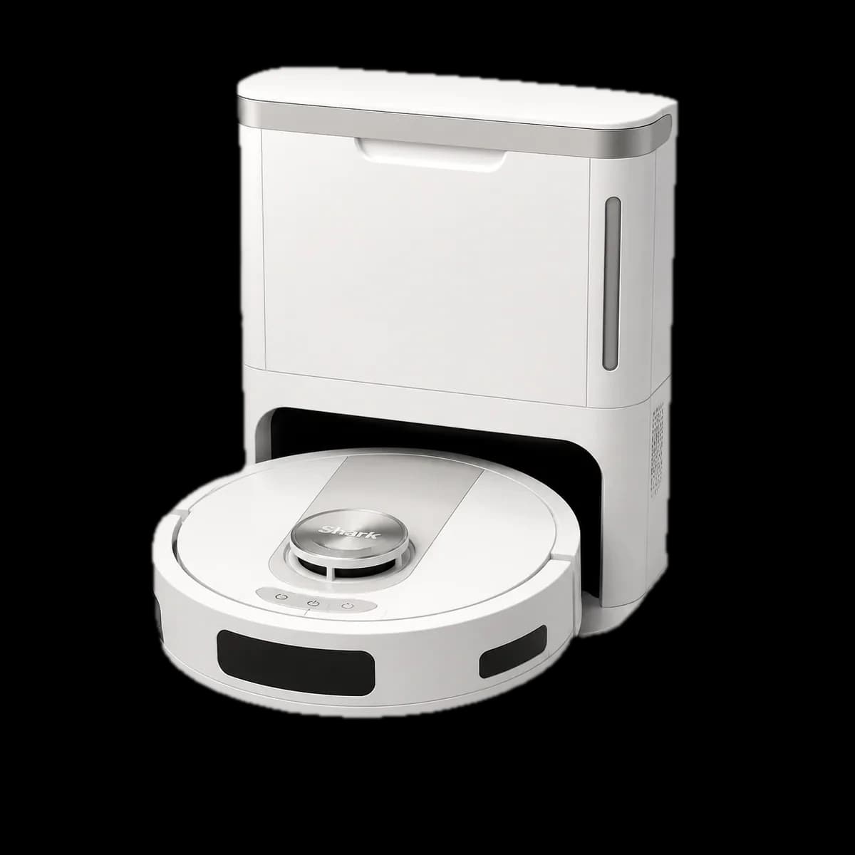 Shark PowerDetect Self-Empty (AV2820VEEUWH) robot vacuum with self-emptying dock as AI visualization